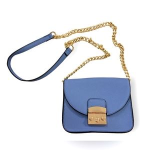 Periwinkle blue crossbody gold chain bag